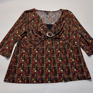 Fall Colored 3/4 Sleeve East 5th Womens Top‎ Antique Key Design 1X